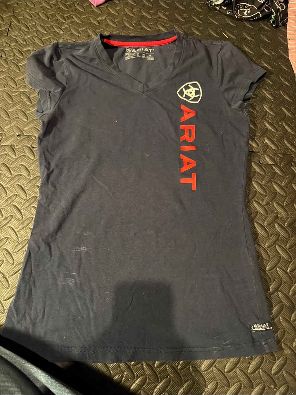 Ariat Navy V-Neck Tee with Red Vertical Logo not stained
